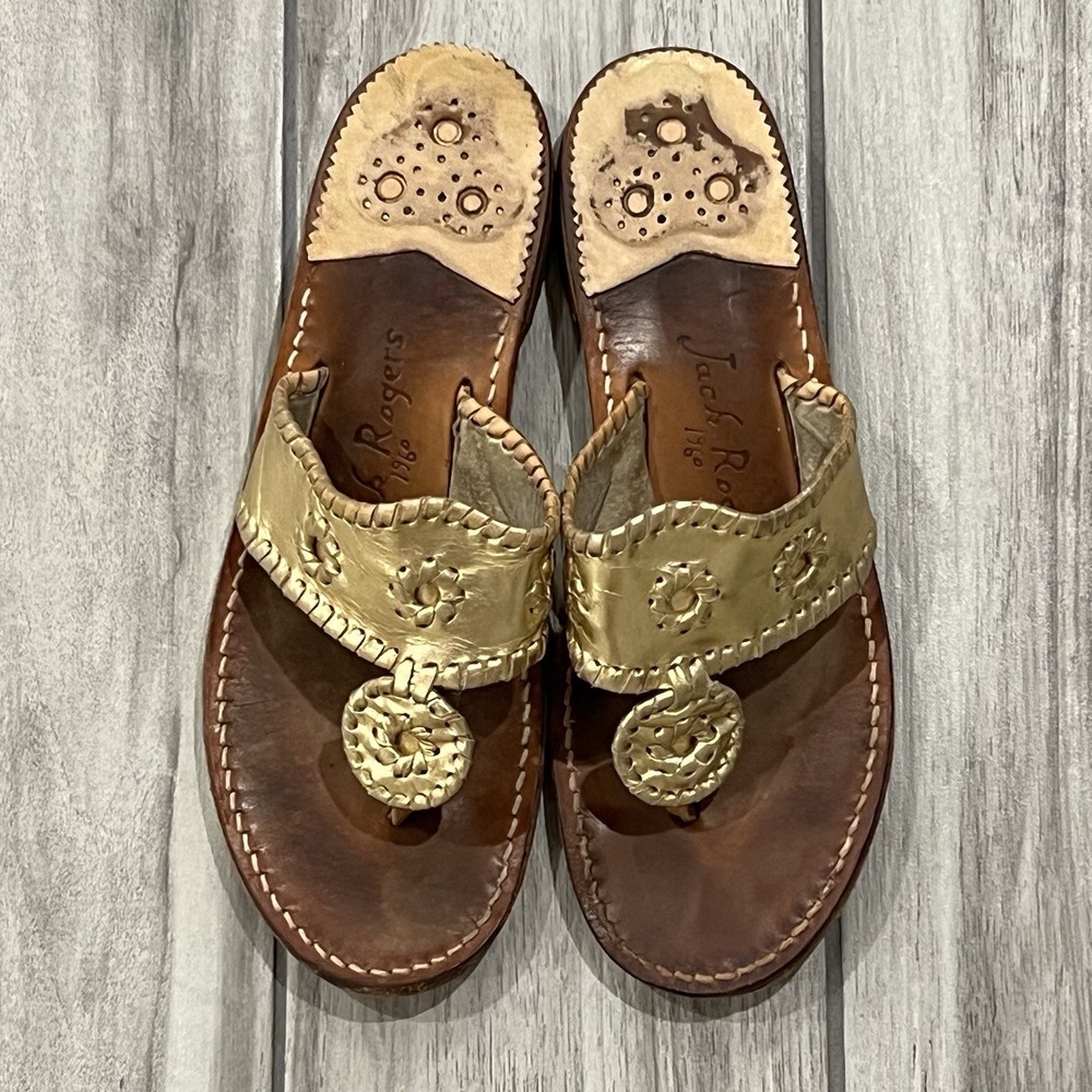 Jack Rogers Gold Jacks Classic Sandals Size 9M Beach Preppy Leather Flats